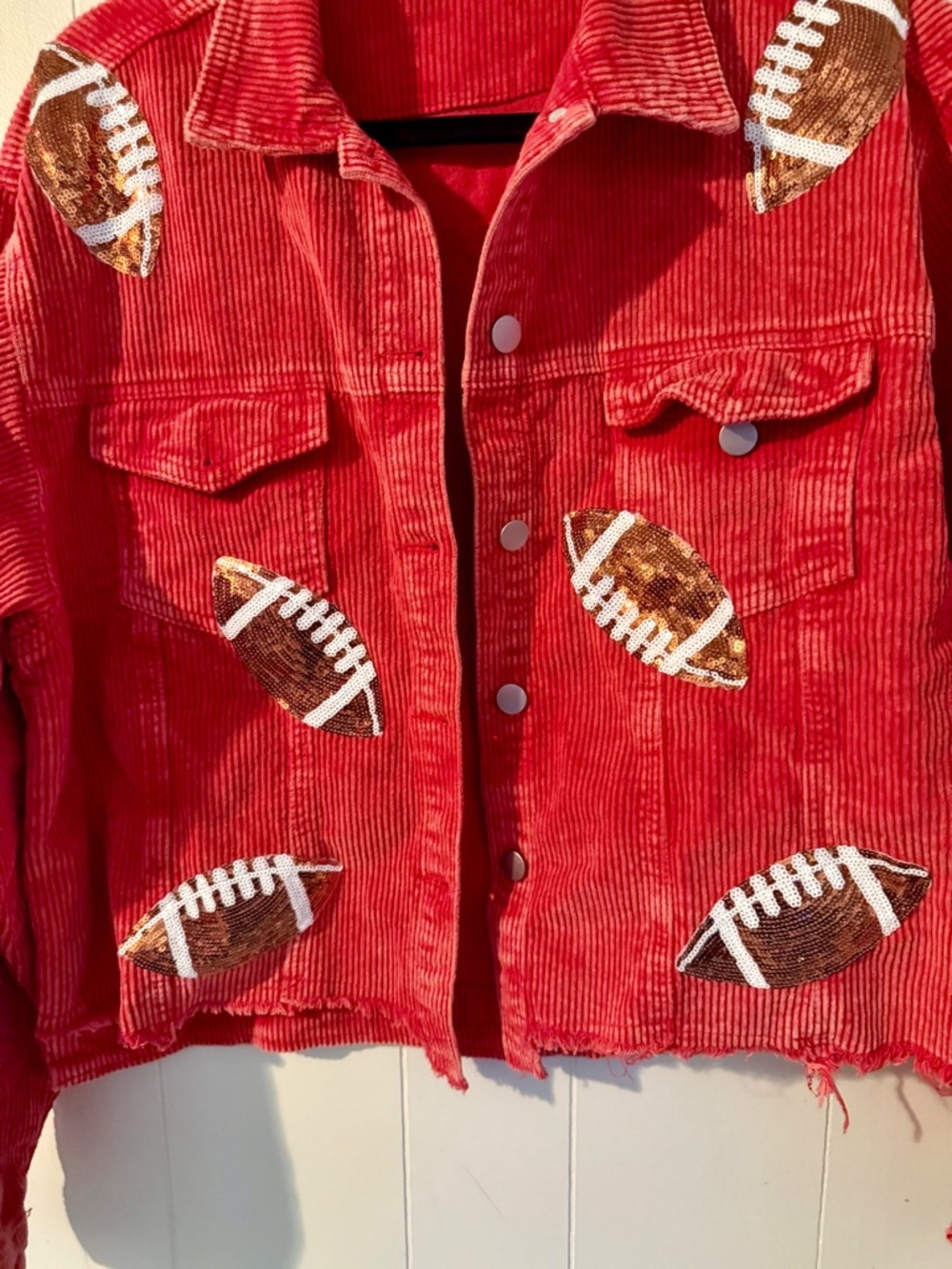 Live Love Gameday Red Corduroy Jacket with Sequin Footballs, Size L - Picture 3 of 6